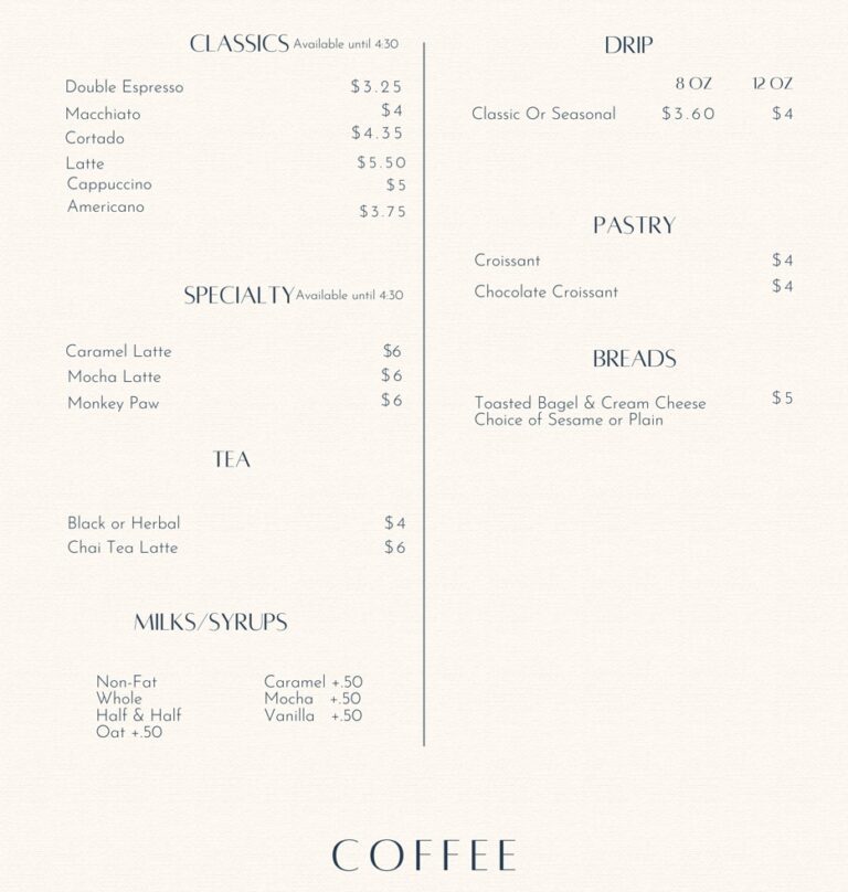 Menu Cordova Cafe & Bottle Shop